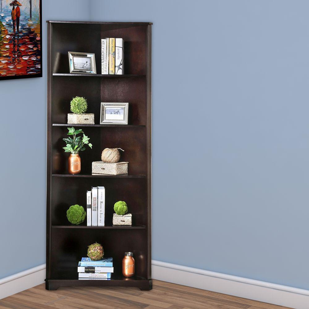 Benjara 78 In H Dark Walnut Brown Five Shelves Solid Wood Corner Bookshelf Bm186430 The Home Depot