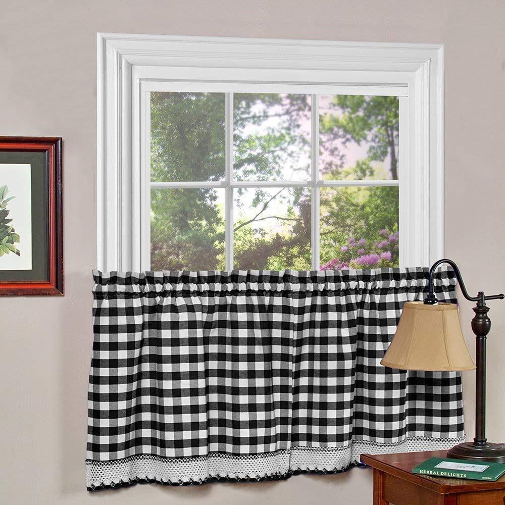 Achim Semi Opaque Buffalo Check Black Poly Cotton Tier Pair