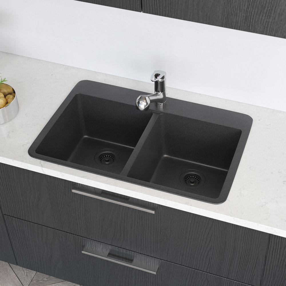 Rene Drop In Composite Granite 33 Double Bowl Kitchen Sink Carbon
