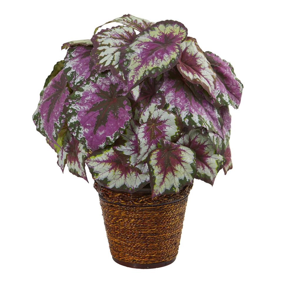 New 11in Tall Potted Pink Begonia Bush Artificial Silk Flowers Pot Plant