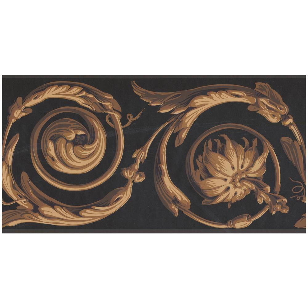 Abstract Gold Damask Vines Black Prepasted Wallpaper Border