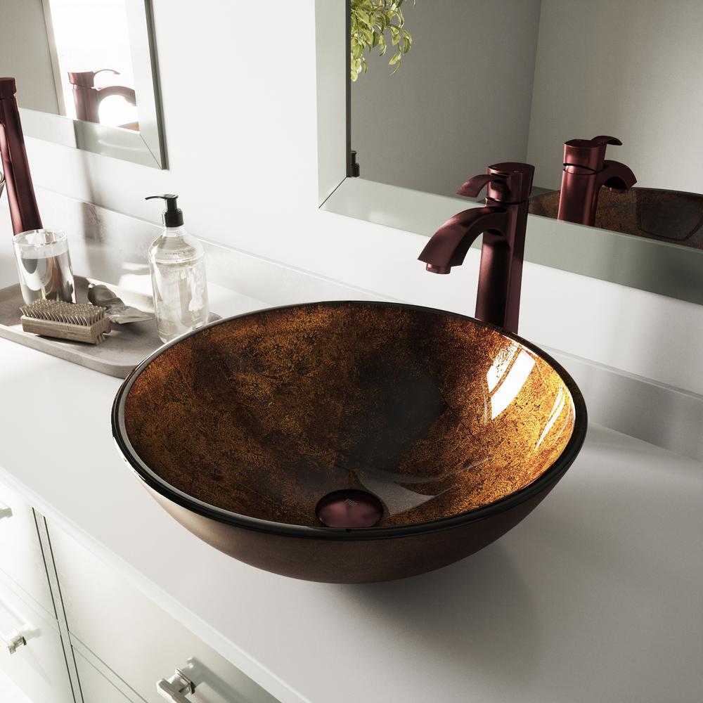 Vigo Russet Glass Vessel Bathroom Sink Set In Brown With Oil Rubbed Bronze Faucet