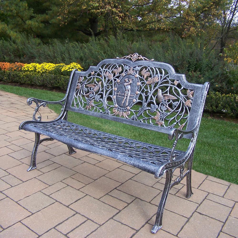 Cast Aluminum Pewter Outdoor Benches Patio Chairs The Home Depot Golfer Cast Aluminum Outdoor Bench