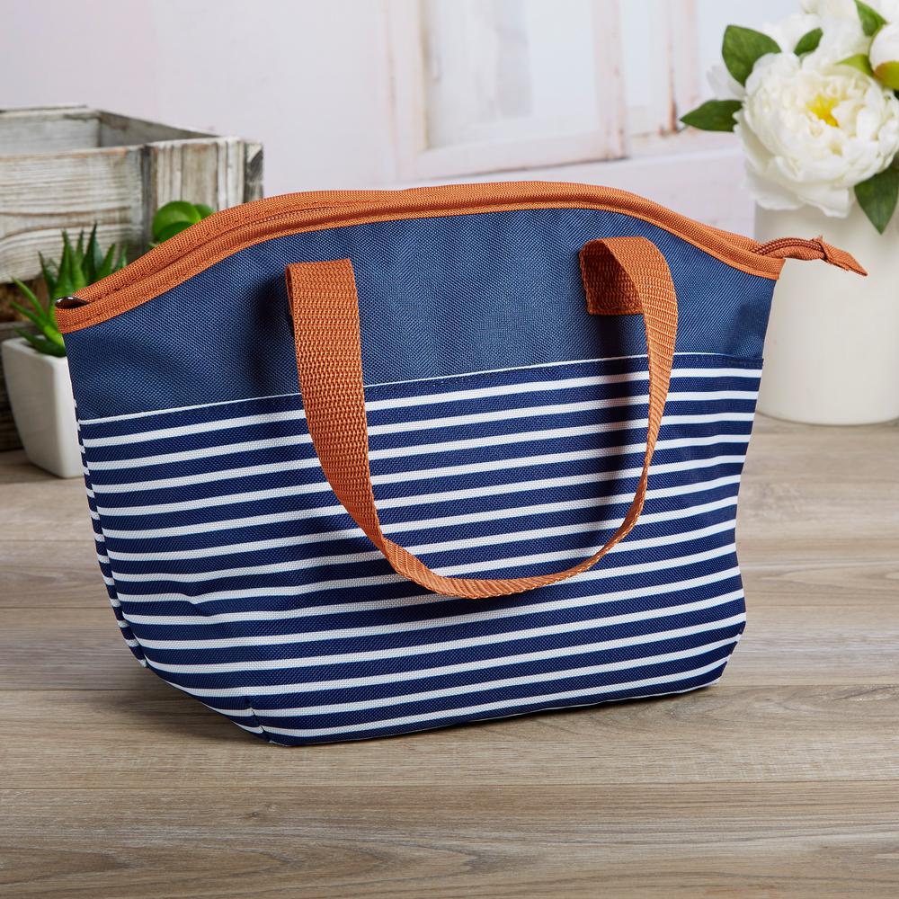 blue and white striped lunch bag