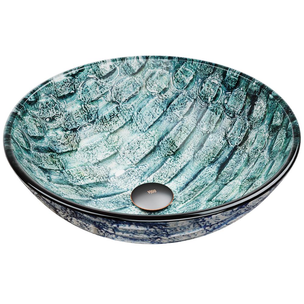 Vigo Oceania Handmade Glass Round Vessel Bathroom Sink In Patterned Teal