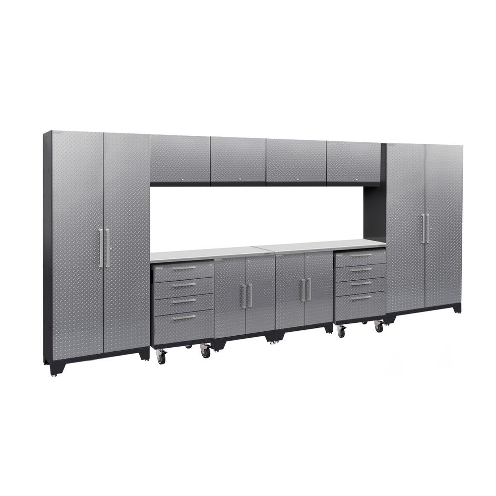 Silver Newage Products Steel Garage Cabinets Storage Systems Performance 2 0 Diamond Plate 156 In W X 75 25 H 18