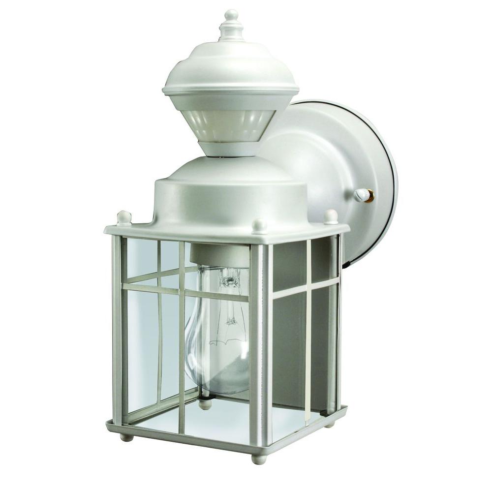 Decorative White Outdoor Wall Mounted Lighting Bayside Mission 150 Degree Matte White Motion Sensing Outdoor Lantern