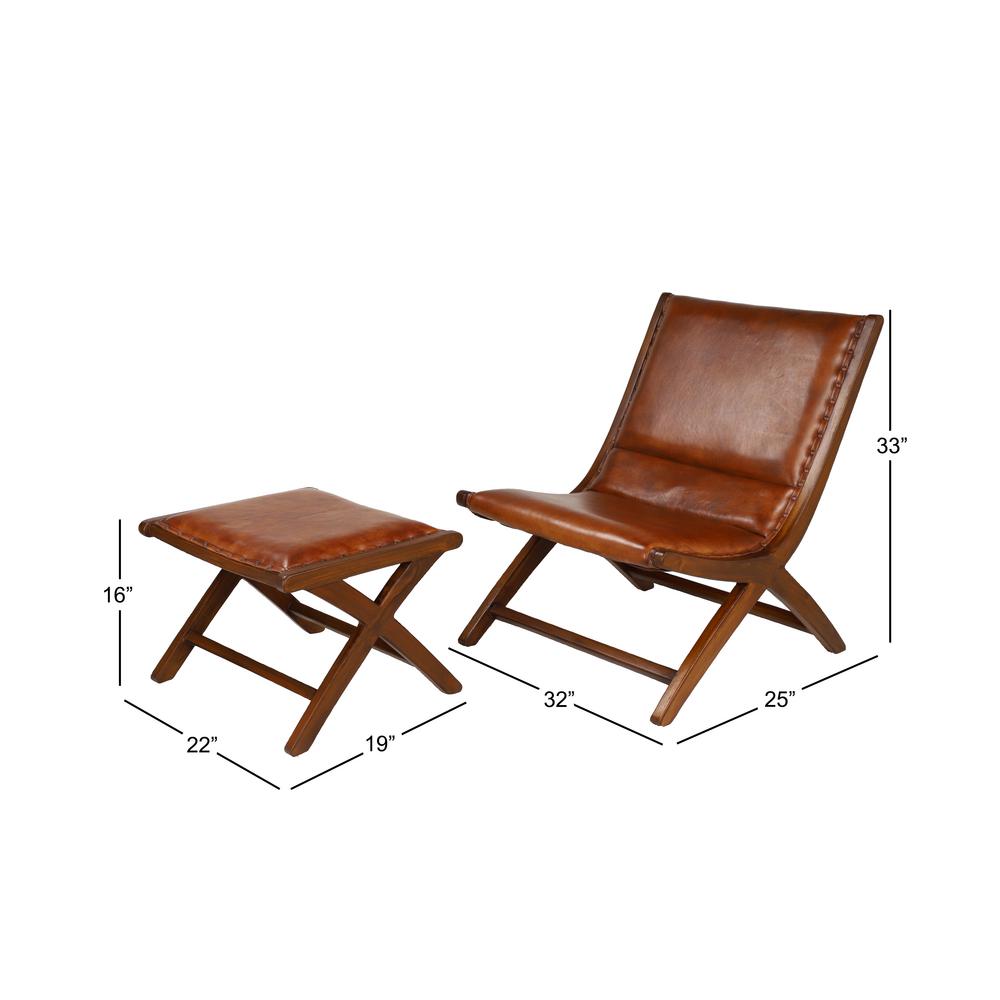 Litton Lane Golden Brown Teak Wood And Top Grain Leather Chair And