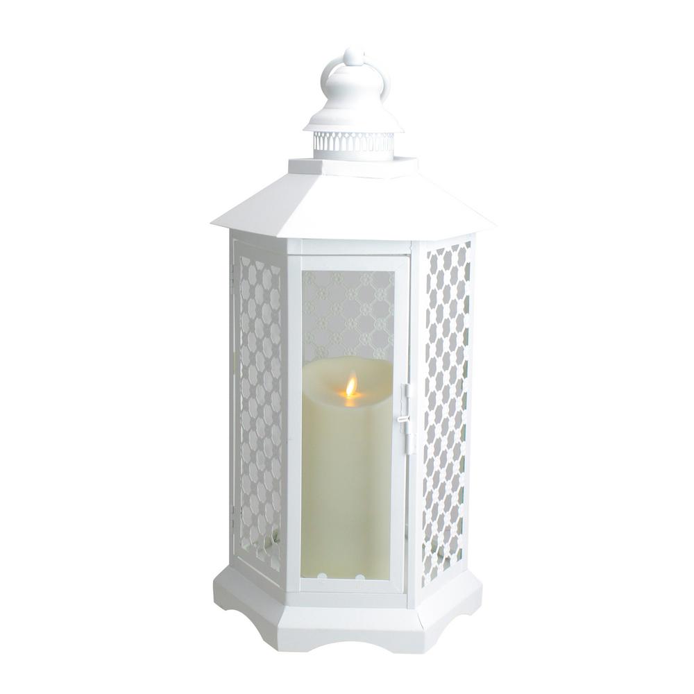 19 In White Fl Lattice Lantern With Luminara Flameless Led Lighted Candle 19 In White Fl Lattice Lantern With Luminara Flameless Led Lighted Candle