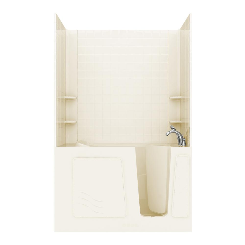 Universal Tubs Rampart 5 ft. Walk-in Whirlpool and Air Bathtub with 4 in. Tile Easy Up Adhesive Wall Surround in Biscuit For Sale