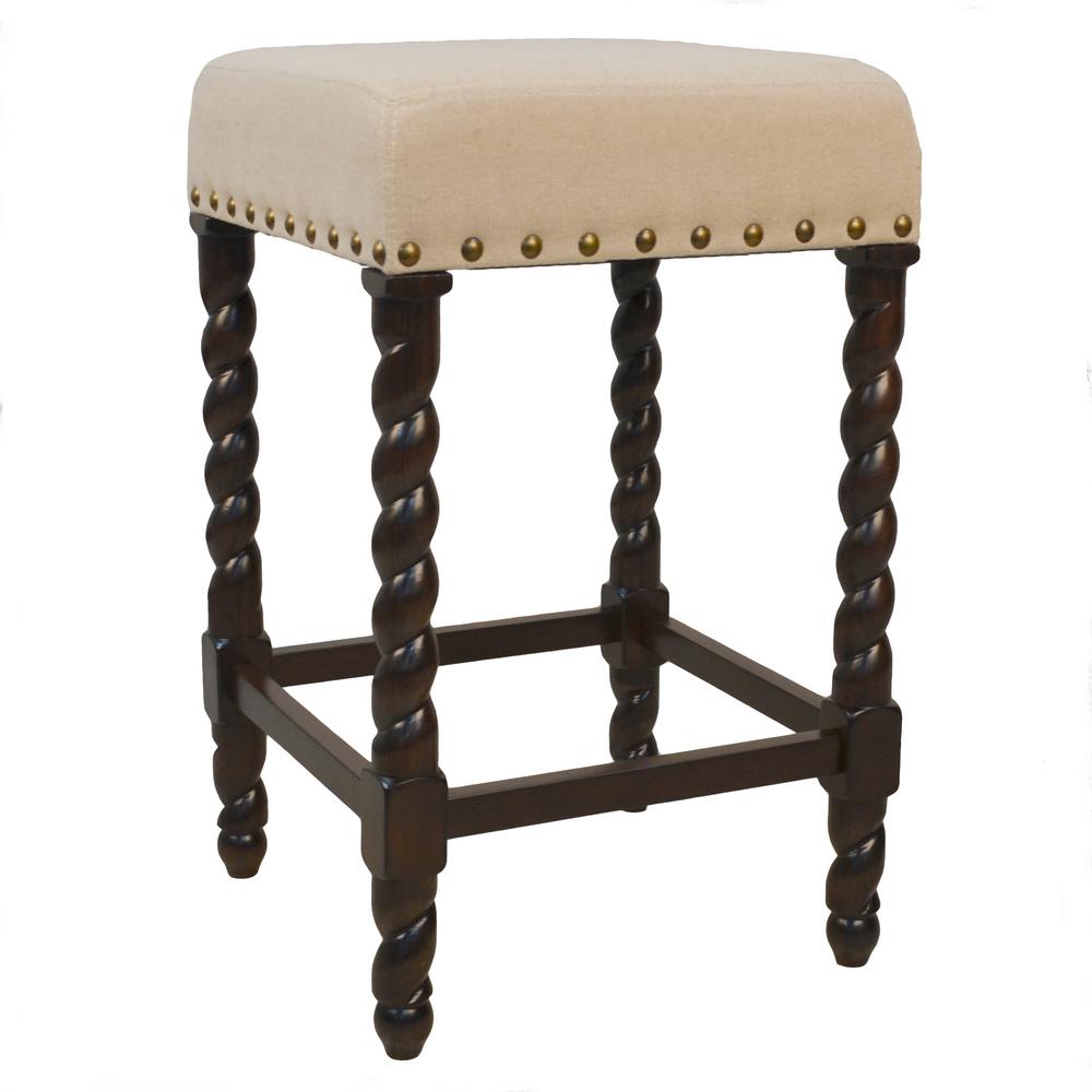 Ina Cottage Remick 24 In Espresso And Linen Barley Twist Espresso And Linen Barley Twist Upholstered Counter Stool 3663 Esln The Home Depot