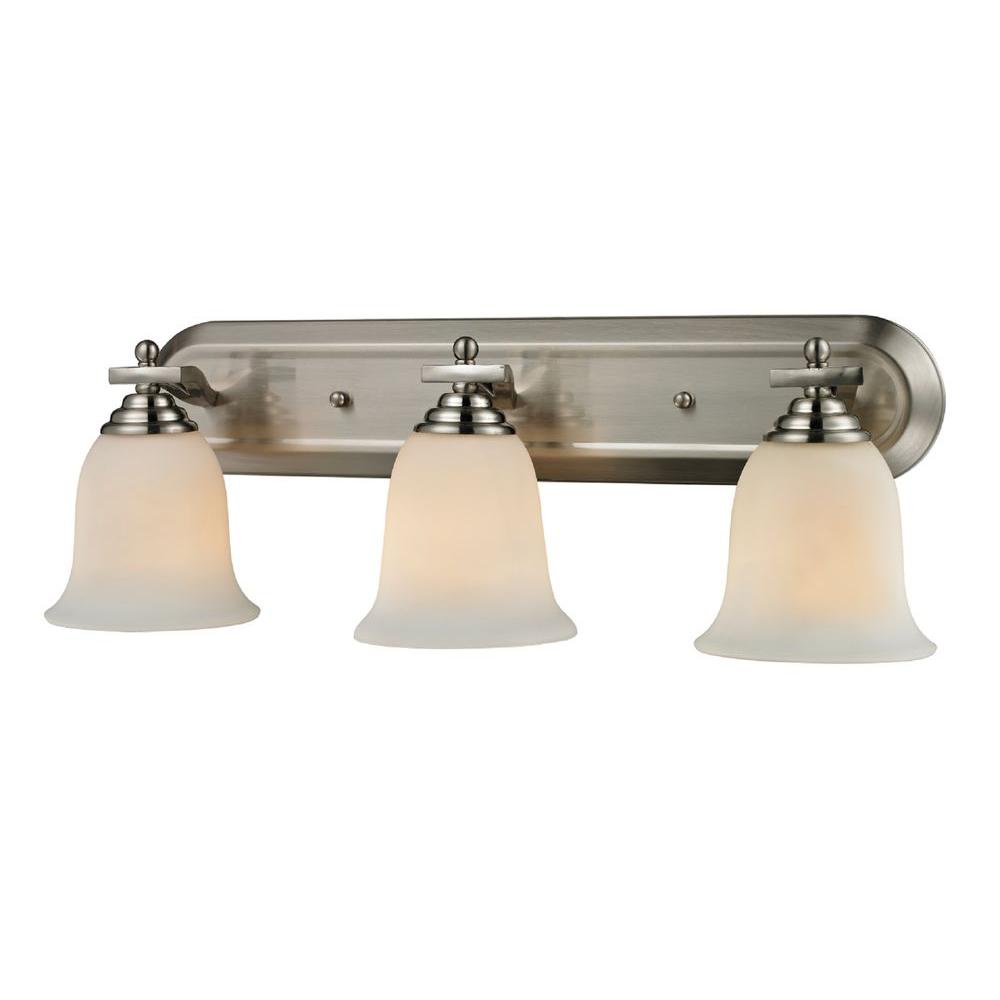 Hampton Bay 3 Light Brushed Nickel Vanity With Frosted Glass Lawrence 3 Light Brushed Nickel Bath Vanity