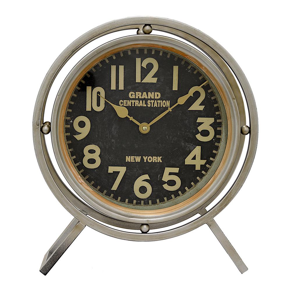THREE HANDS 14 inch x 4.75 inch Metal Table Clock in Gray by THREE HANDS