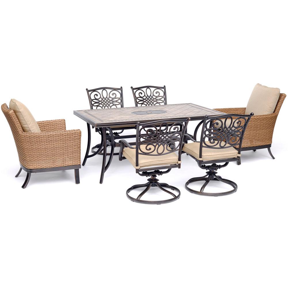 Hanover Monaco 7 Piece Aluminum Outdoor Dining Set With Tan Cushions 4 Swivel Rockers 2 Woven Arm Chairs Tile Table