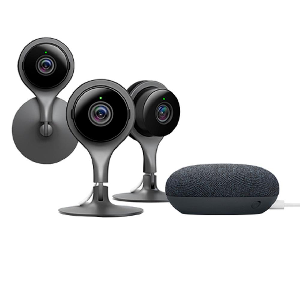 Google Nest Cam Indoor 3 Pack With Nest Home Mini Charcoal