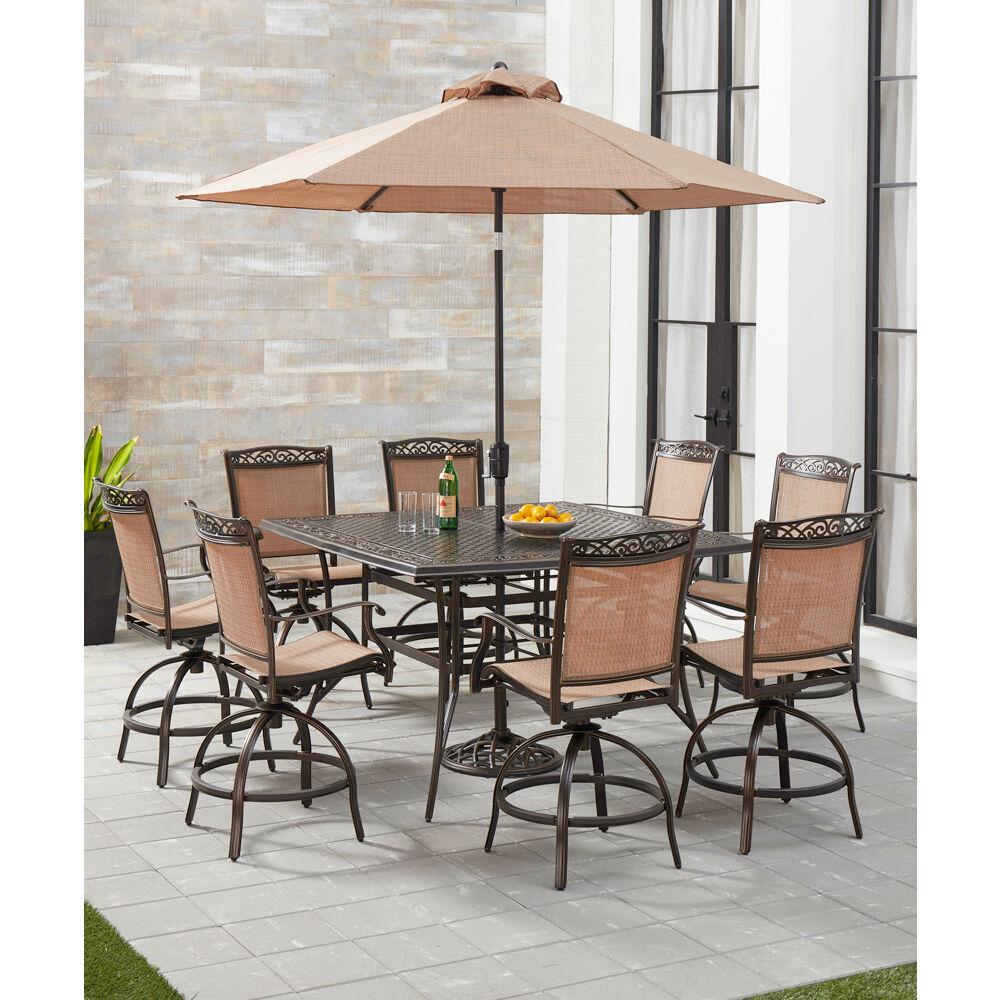 Hanover Fontana 9-Piece Aluminum Outdoor Dining Set with 8 Sling Swivel ...