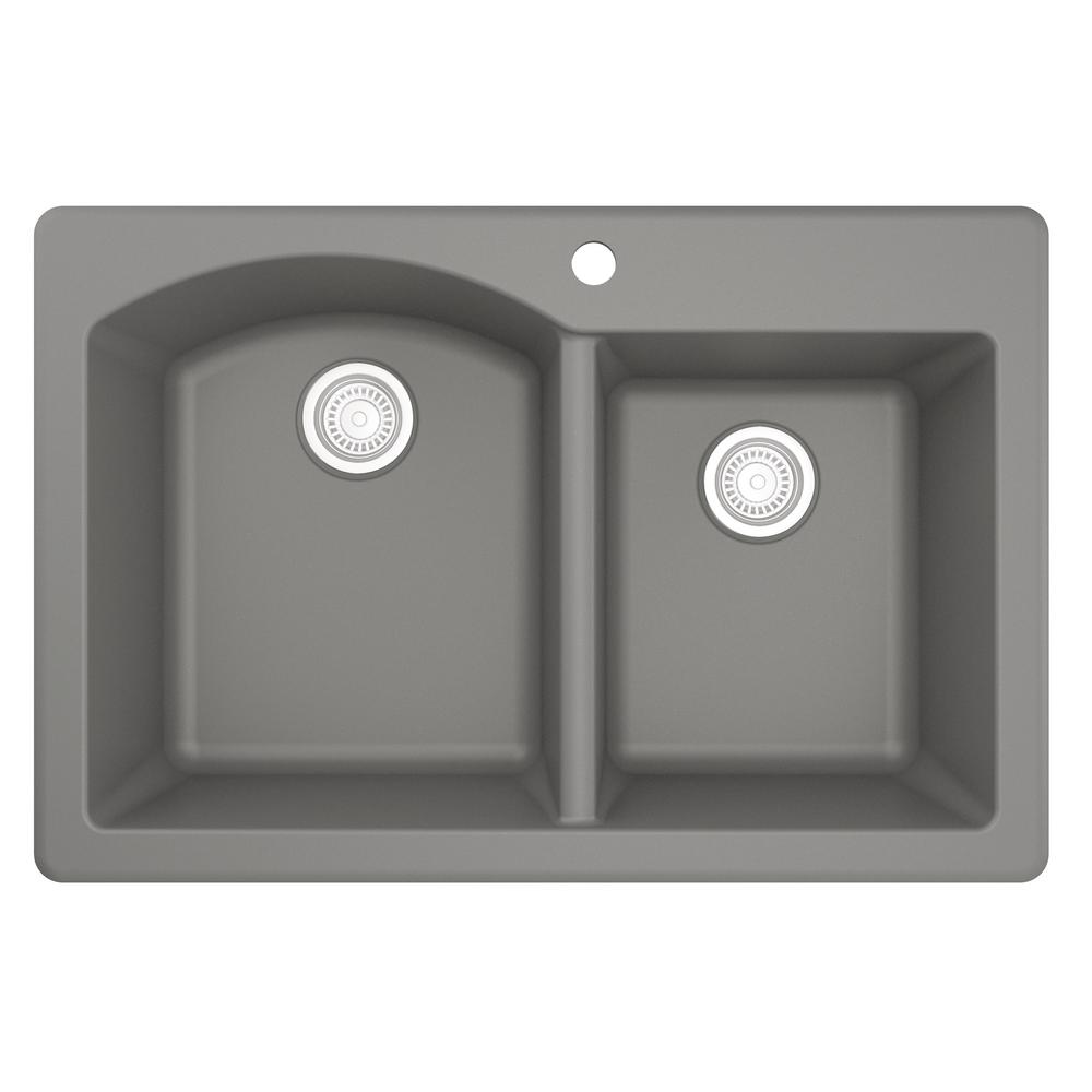Karran QT-610 Drop-In Quartz Composite 33 in 1-Hole 60//40 Double Bowl Kitchen Sink Kit in Grey