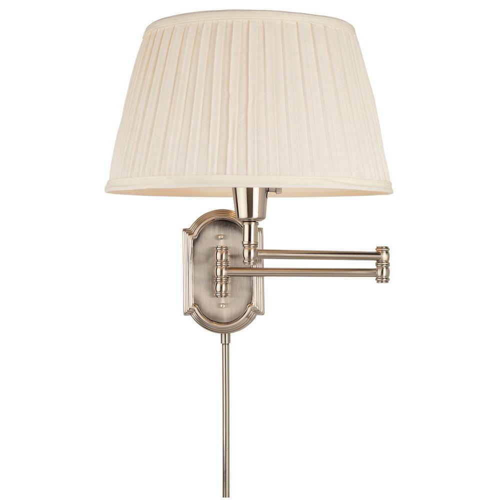 Hampton Bay 1 Light Brushed Nickel Swing Arm Wall Lamp With White Pleated Fabric Shade