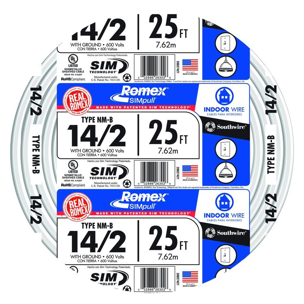 Southwire 25 Ft 14 3 Solid Romex Simpull Cu Nm B W G Wire The Home Depot