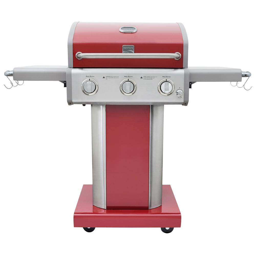 Kenmore 3-Burner Outdoor Patio Gas BBQ Propane Grill PG-4030400LD-RD: Electronic Ignition, Enclosed Cabinet