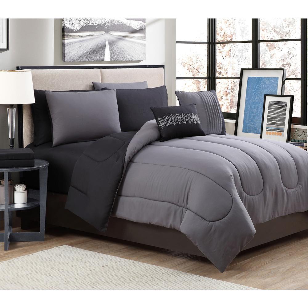 9 Piece Solid Grey Black King Bed In A Bag Set
