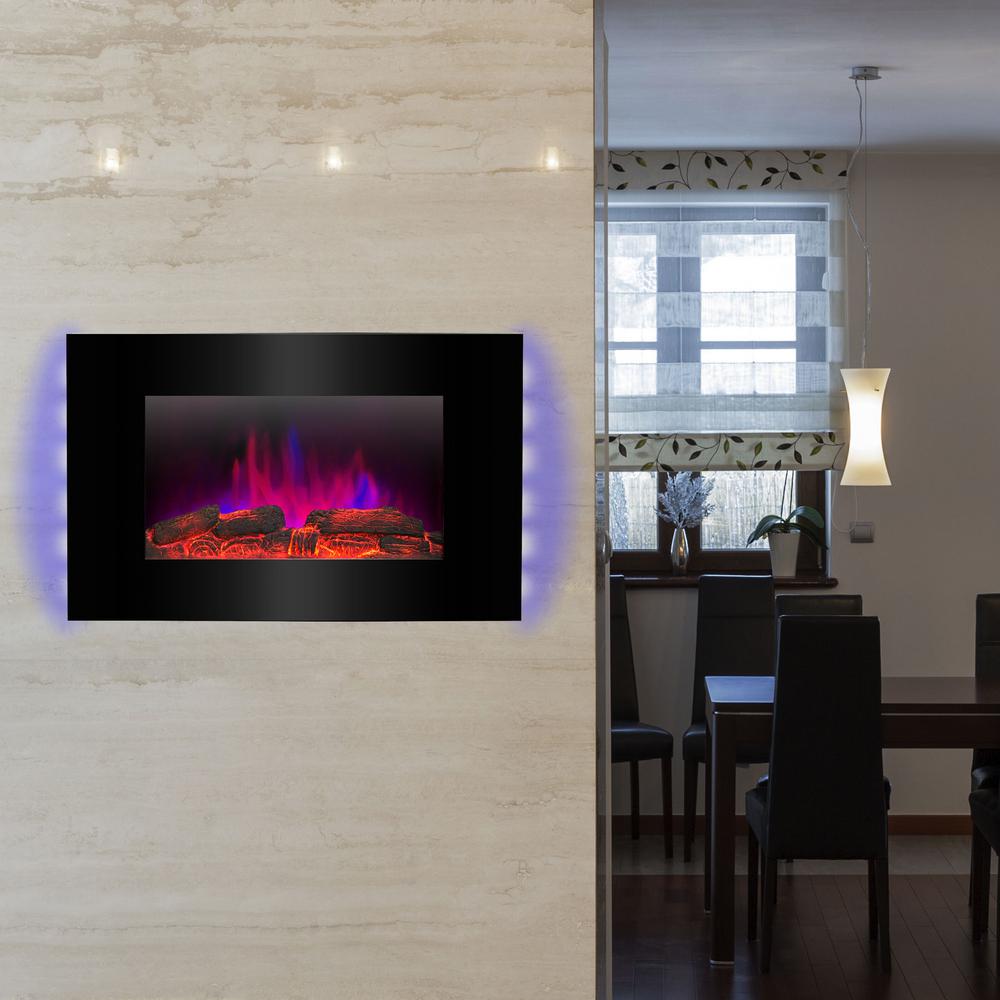 AKDY 36 in. Wall Mount Electric Fireplace Heater in Black with Tempered Glass, Pebbles, Logs and 