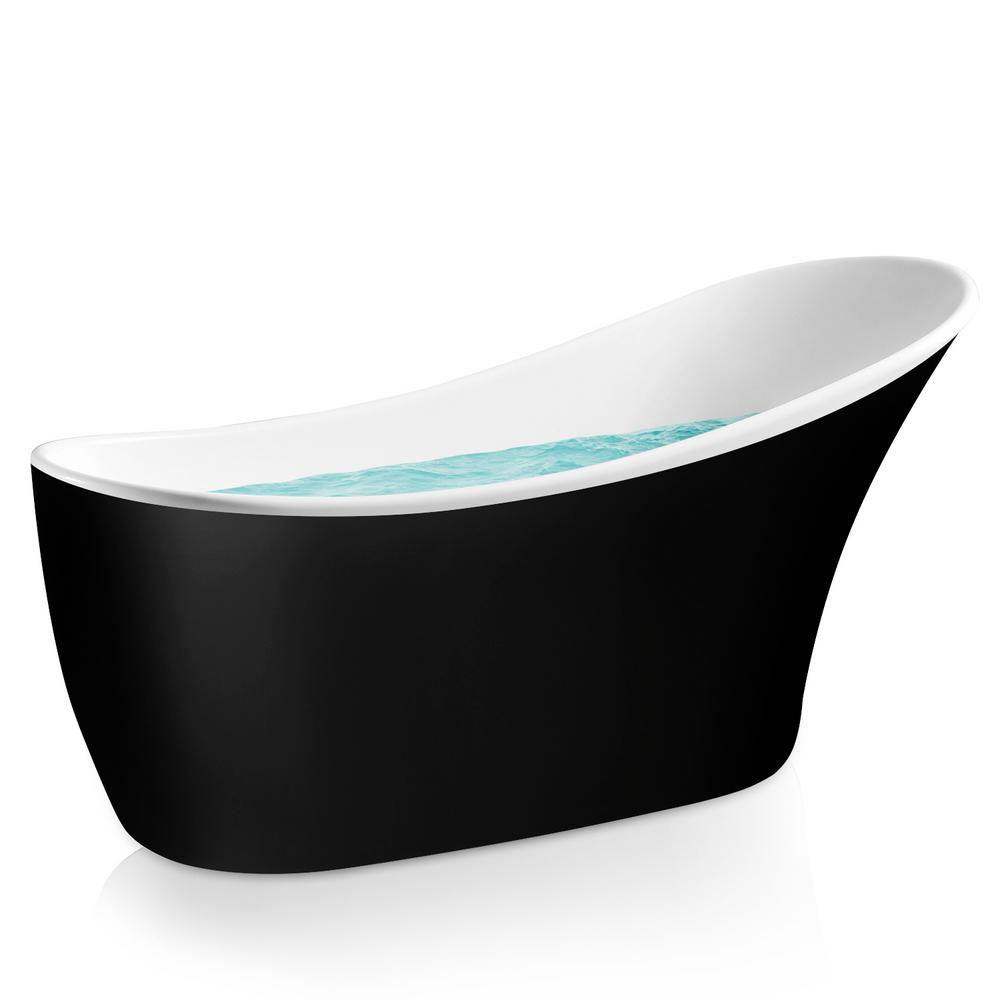 Akdy 63 6 In Acrylic Reversible Drain Oval Slipper Flatbottom Freestanding Bathtub In Black And White