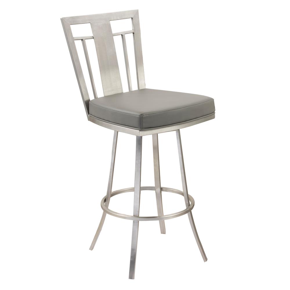Armen Living Cleo 26 In Gray Faux Leather And Brushed Stainless Gray Faux Leather And Brushed Stainless Steel Finish Swivel Barstool