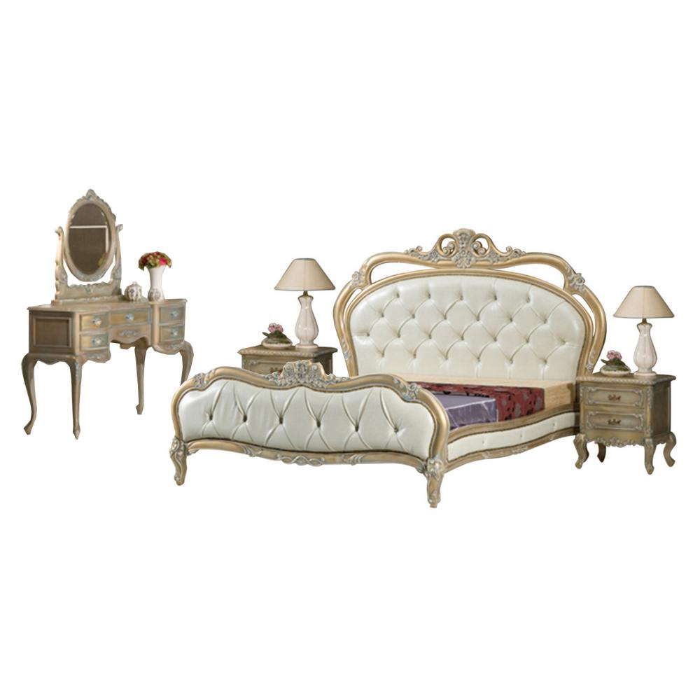 Gold White And Silver French Queen Bedroom Set Is All Solid Mahogany Bed 2 Side End Tables Vanity And Mirror