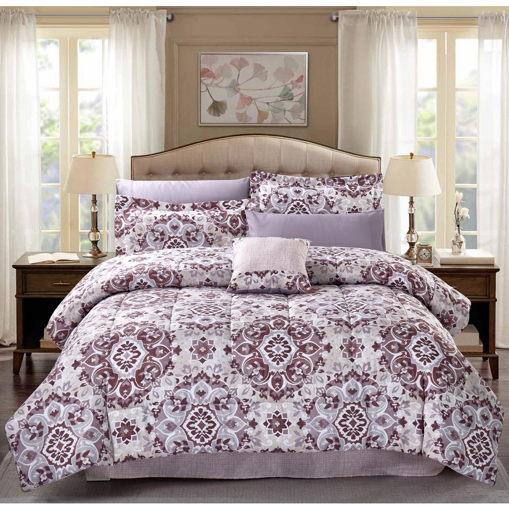 Brown Grey Santiago 9 Piece Mauve Medallion King Bed In