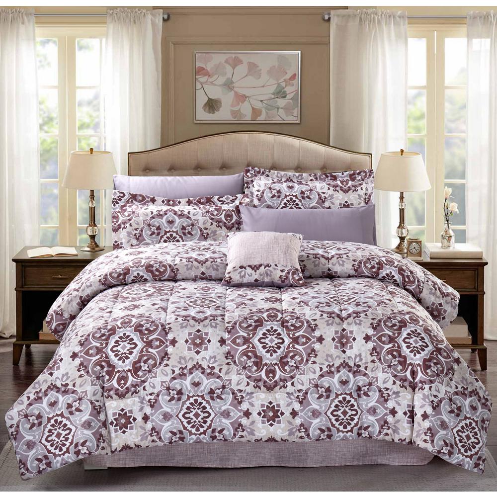 Brown Grey Santiago 9 Piece Mauve King Bed In A Bag Set