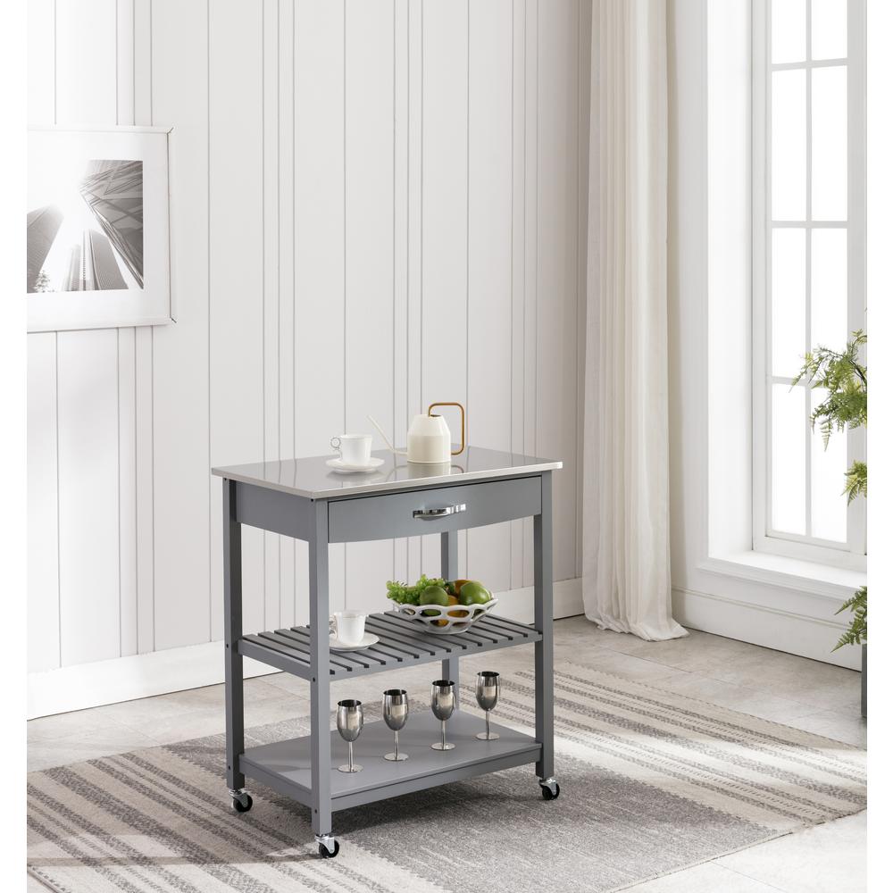 Holland Kitchen Cart with Stainless Steel Top Gray - Boraam: Rolling Storage & Bar Cart, Pine Frame