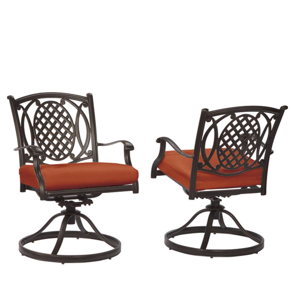 Hampton Bay Belcourt Rubbed Onyx Swivel Metal Outdoor Patio Motion Dining Chairs With Cushionguard Quarry Red Cushions 2 Pack H029 01399700 The Home Depot