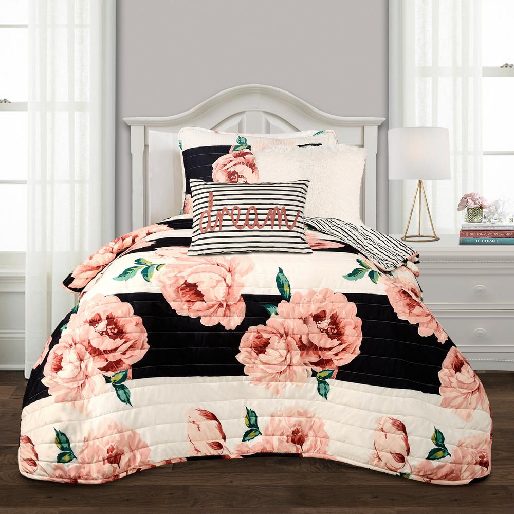 Lush Decor Amara Floral Quilt Black Dusty Rose 4 Piece Set Twin Xl