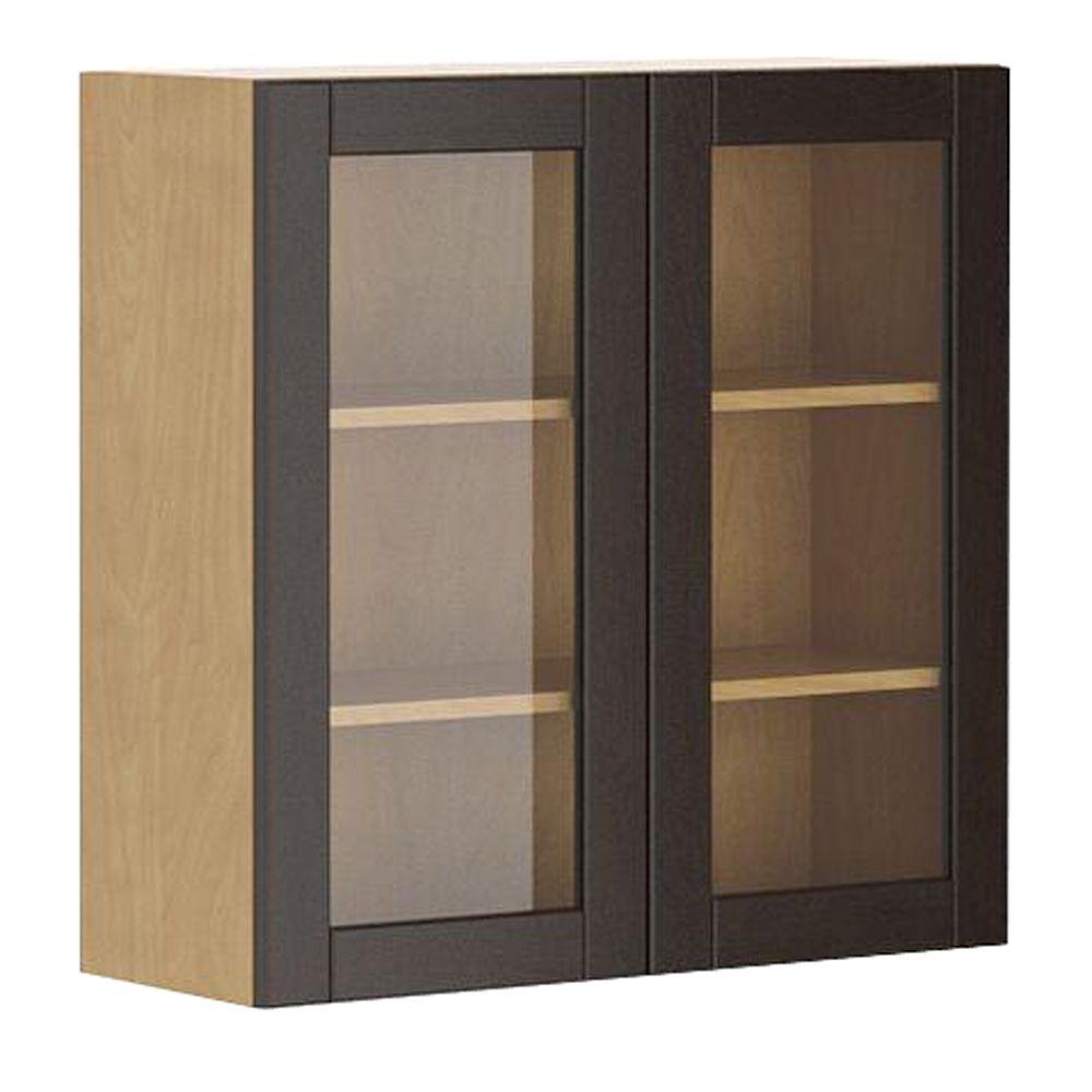 Barcelona Ready To Assemble 30 X 30 X 12 5 In Wall Cabinet In Maple Melamine And Door In Dark Brown Glass