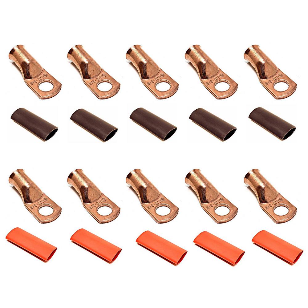 WindyNation 1/0-Gauge x 3/8 in. Pure Copper Cable Lugs with Dual Wall Adhesive Lined Heat Shrink Tubing Home Depot