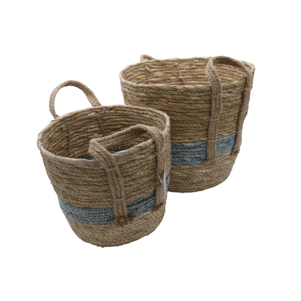Admired By Nature Natural With Blue Tone Fabric Nesting Basket Seagrass Design With Handle Storage Bins Set Of 2 Abn5e122 Ntrl The Home Depot