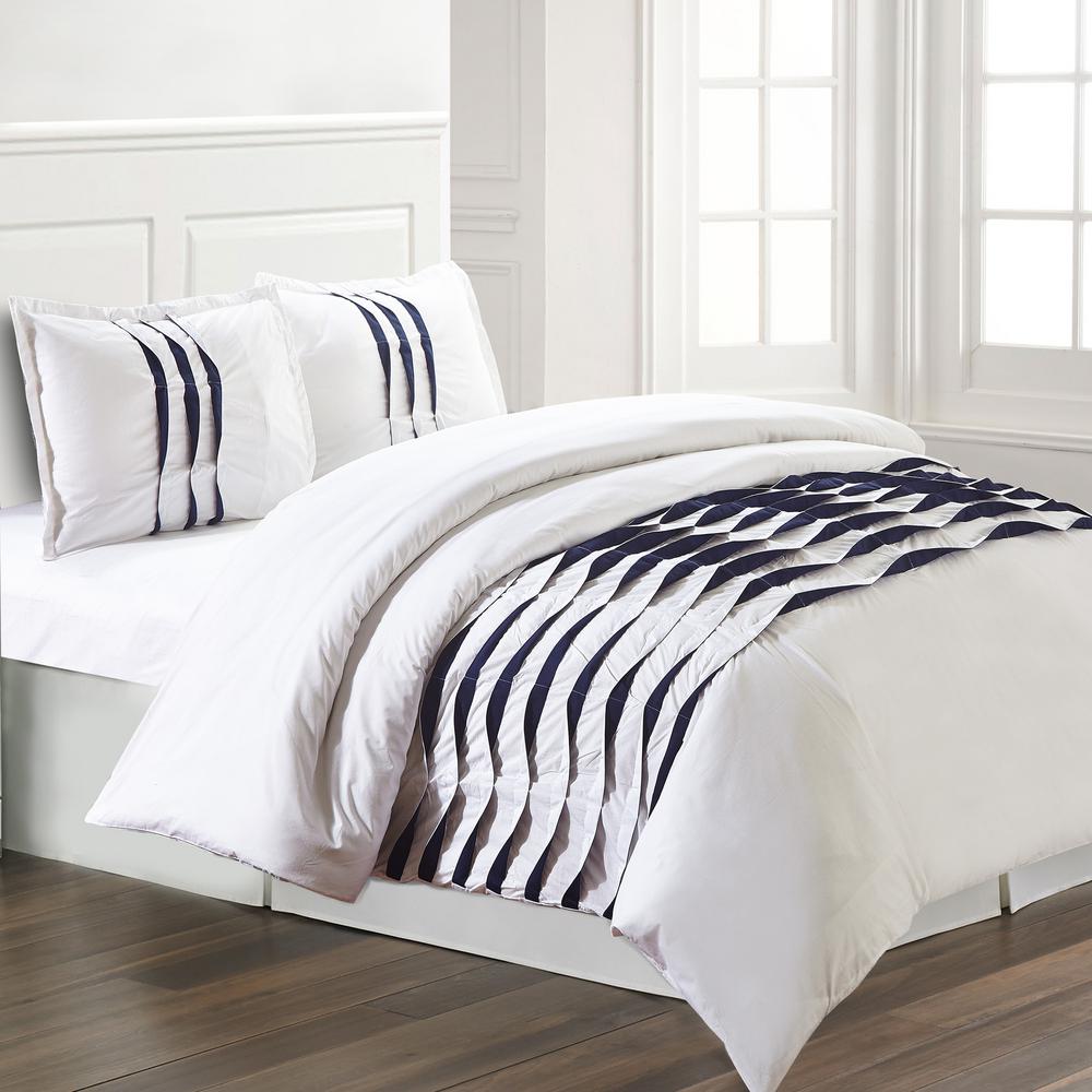 3 Piece 100 Cotton Pinch Pleat Isabella Navy King Duvet Set