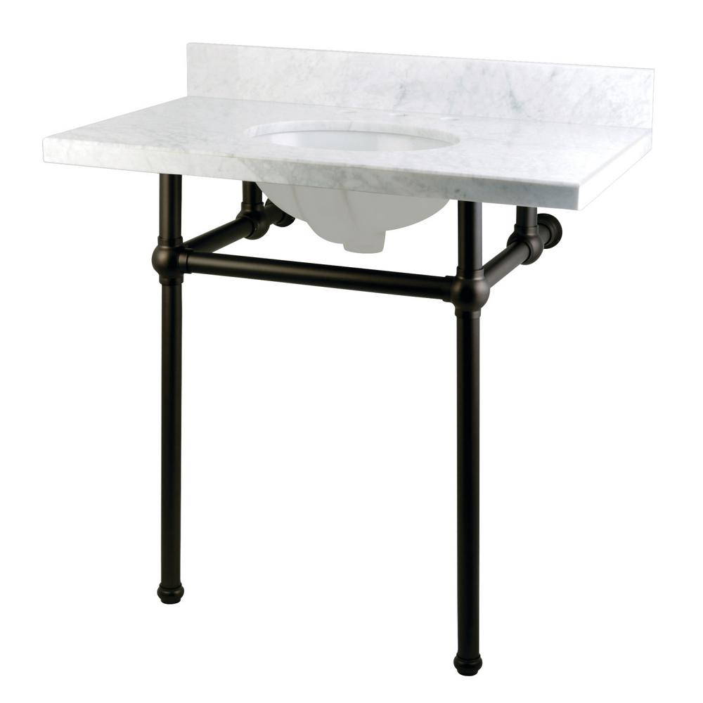 Kingston Br Washstand 36 In Console Table Carrara White With Metal Legs Oil Rubbed Bronze Kingston Br Washstand 36 In Console Table Carrara White With Metal Legs Oil Rubbed Bronze