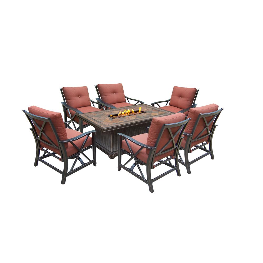 7-Piece Aluminum Patio Fire Pit Conversation Set with Red Cushions