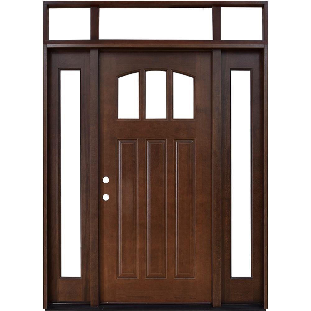 Steves Sons 64 In X 80 In Craftsman 3 Lite Arch Stained Mahogany Wood Prehung Front Door With Sidelites And Transom