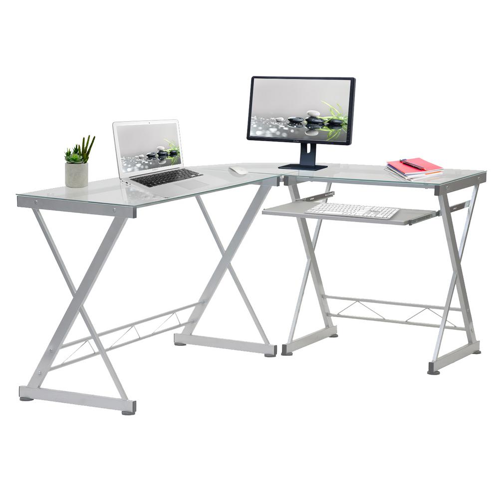 Techni Mobili L Shaped Clear Tempered Glass Top Computer Desk With