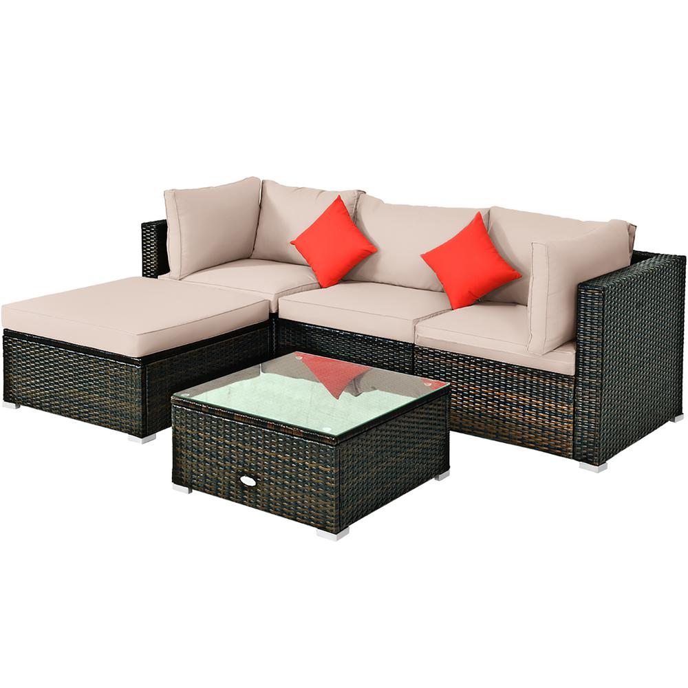 Costway Island 5 Piece Wicker Outdoor Patio Rattan Furniture Sectional Conversation Set With Beige Cushion Hw63849bn The Home Depot