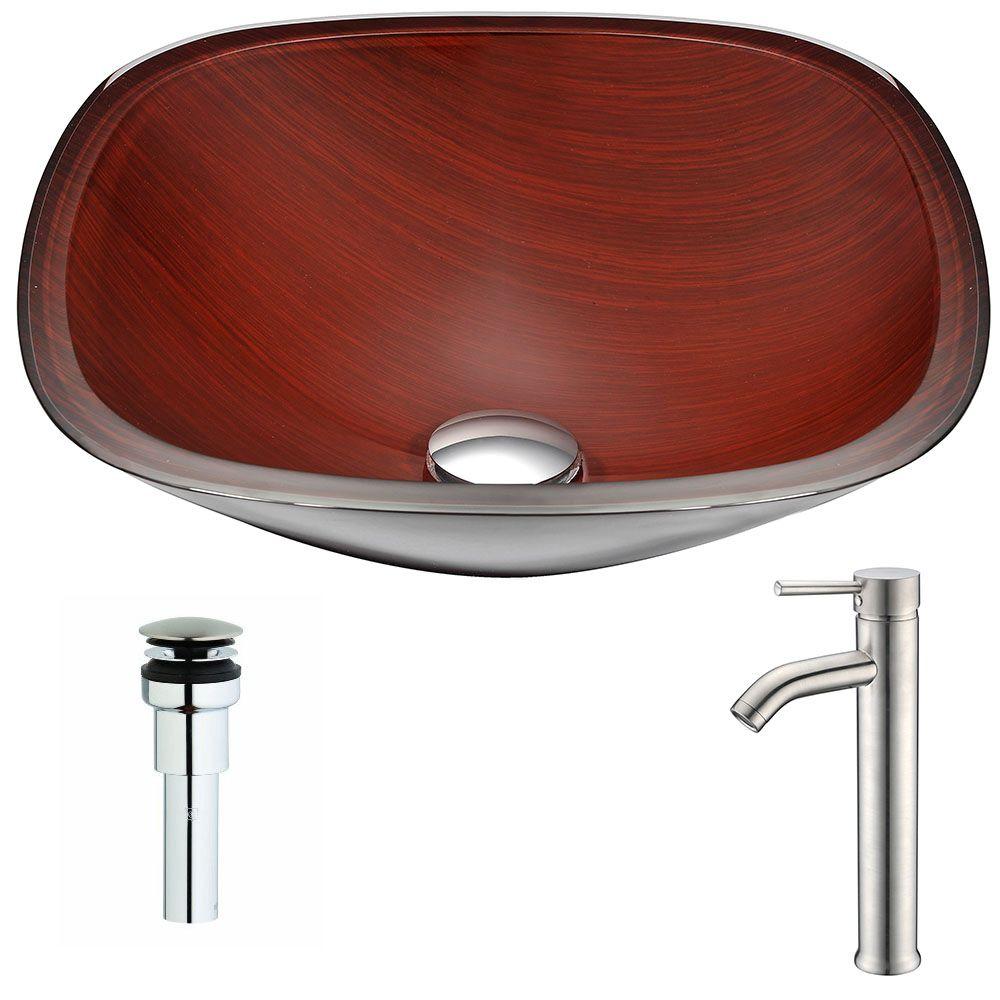 ANZZI Cansa Series Deco-Glass Vessel Sink in Rich Timber with Fann Faucet in Chrome