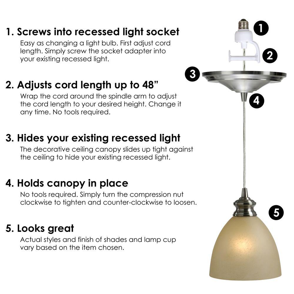 Worth Home S Instant Pendant 1 Light Recessed Conversion Kit Brushed Nickel Parchment Glass Shade Pbn 6012 The Depot - Instant Pendant Light Socket Adapter