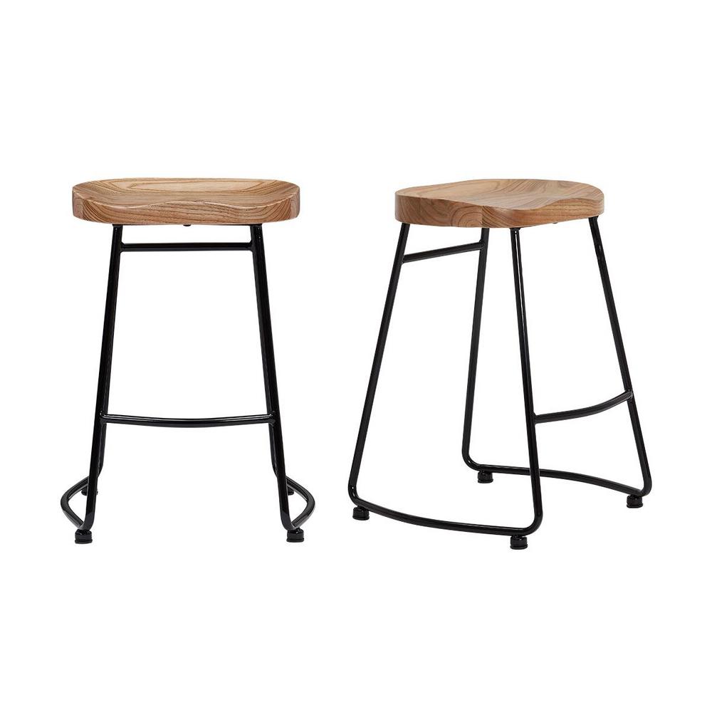StyleWell Black Metal Backless Counter Stool with Wood Seat (Set of 2) (18.5 in. W x 24 in. H)
