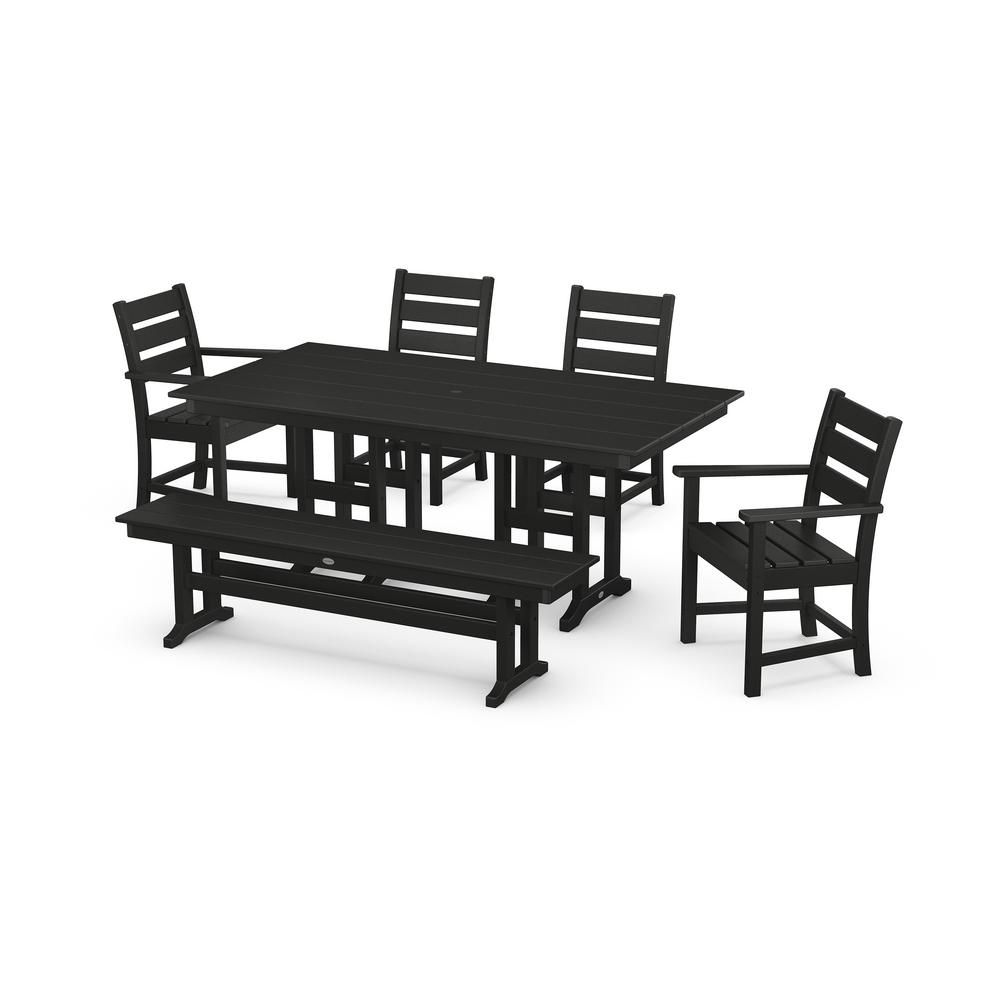 POLYWOOD Grant Park Black 6Piece Plastic Outdoor Dining Set with Bench