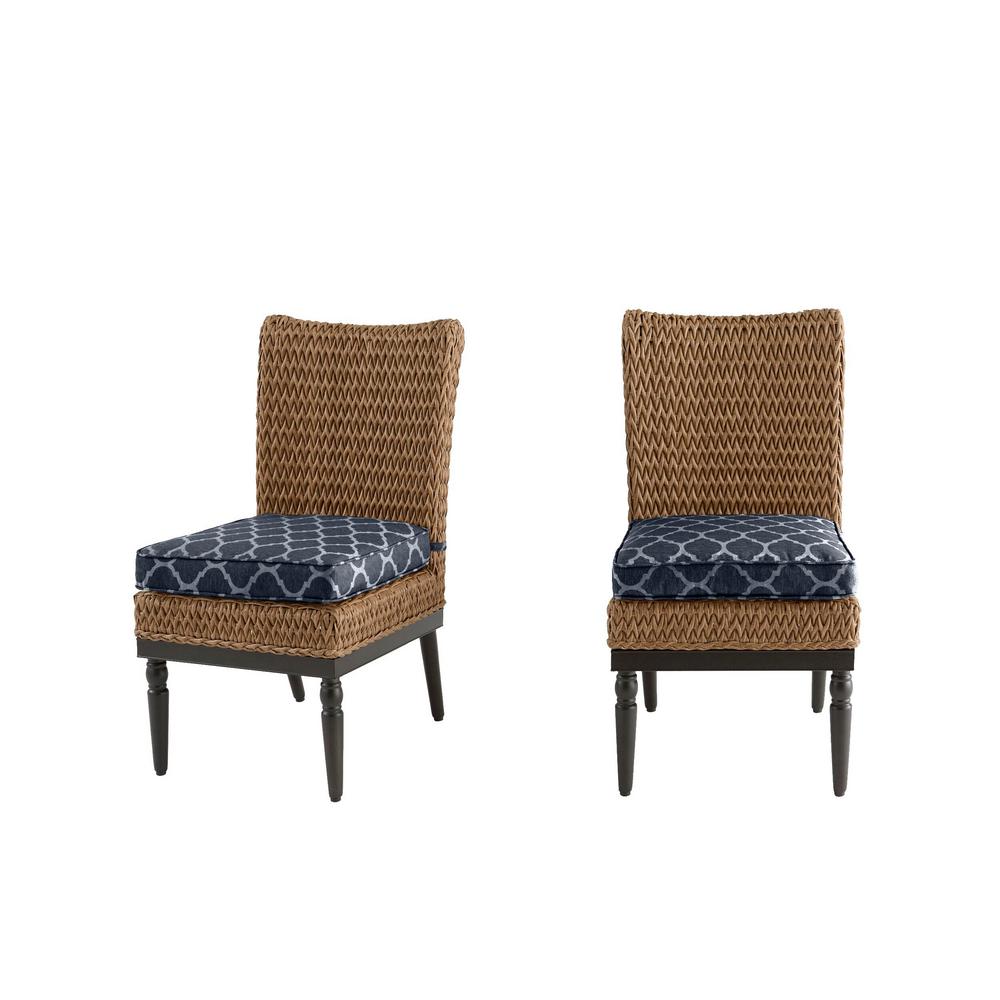 Home Decorators Collection Camden Light Brown Wicker Outdoor Patio Armless Dining Chair With Cushionguard Midnight Trellis Navy Cushions 2 Pack H072 01448200 The Home Depot