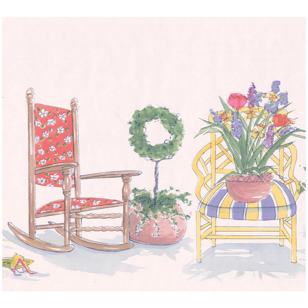 Cartoon Victorian Chair Armchair Flowers In Pots Kids Prepasted Wallpaper Border