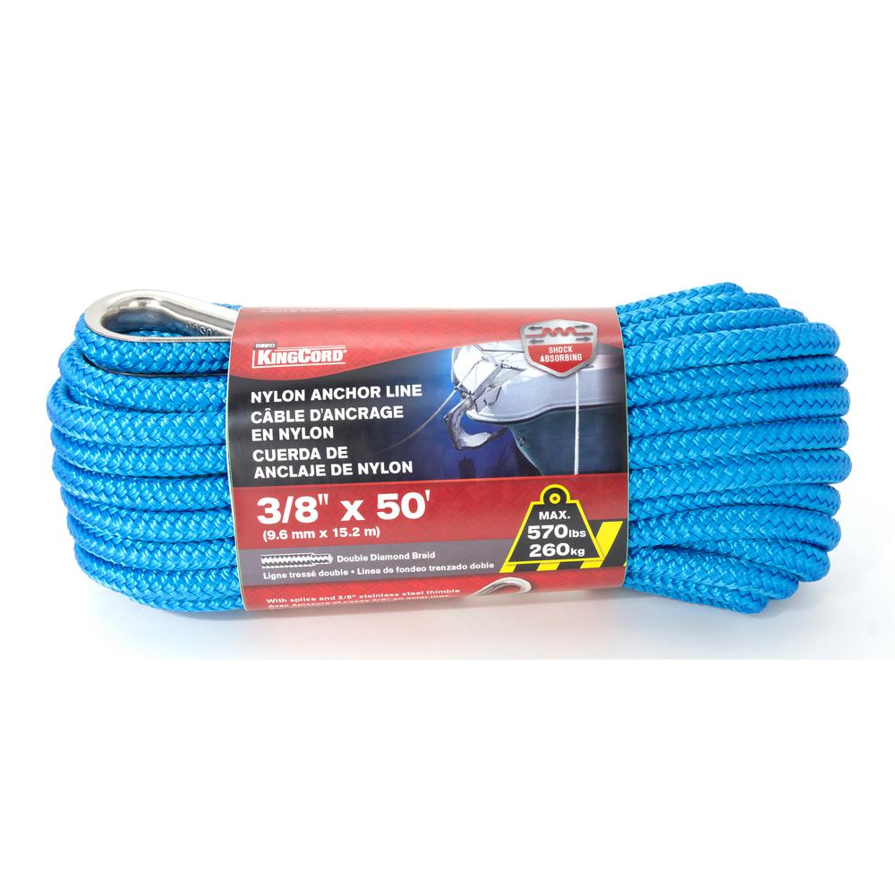 KingCord 3/8 in. x 50 ft. Nylon Double Braid Anchor Line Rope, Blue